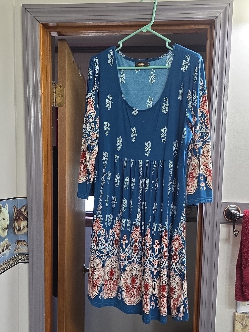 Blue Paisley-Print Long Sleeve Midi Dress